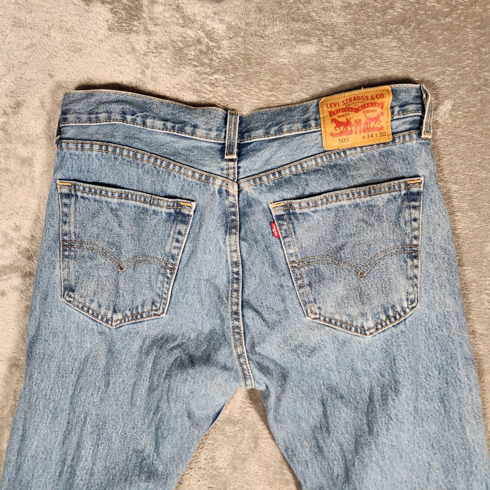 Levi's 505 Jeans Mens‎ 34X30 Blue Light Wash Button Fly Straight Leg STAIN - Picture 11 of 13